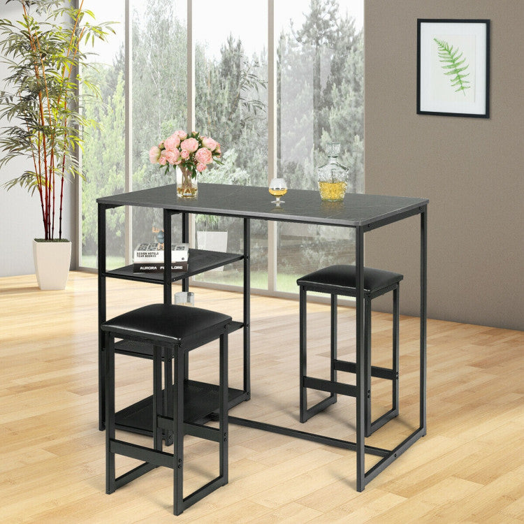 3 Pieces Dining Set with Rectangular Faux Marble and 3 Metal Storage Shelves