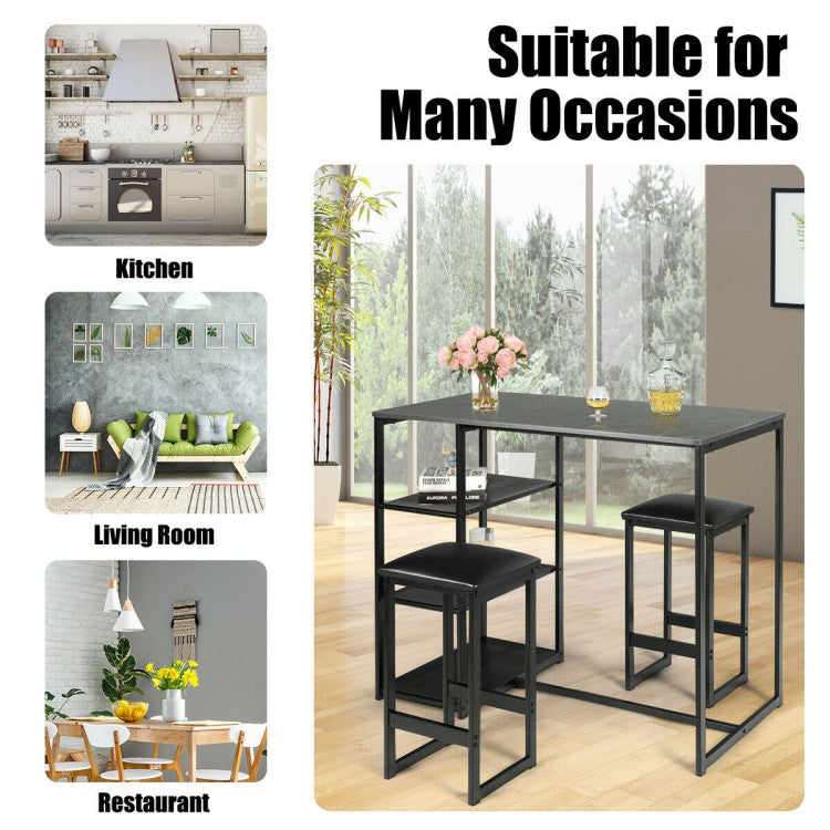 3 Pieces Dining Set with Rectangular Faux Marble and 3 Metal Storage Shelves