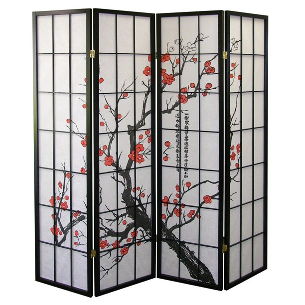 Round hill Furniture Japanese Plum Blossom 4 Panel Room Divider, 71" Tall, Black