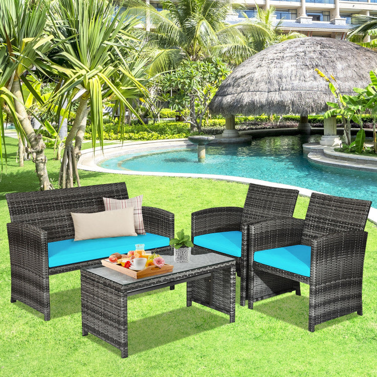 4 Pieces Patio Rattan Furniture Set with Glass Table and Loveseat