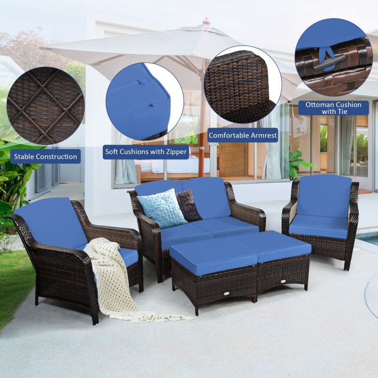 5-Piece Patio Rattan Sofa Set with Cushion and Ottoman