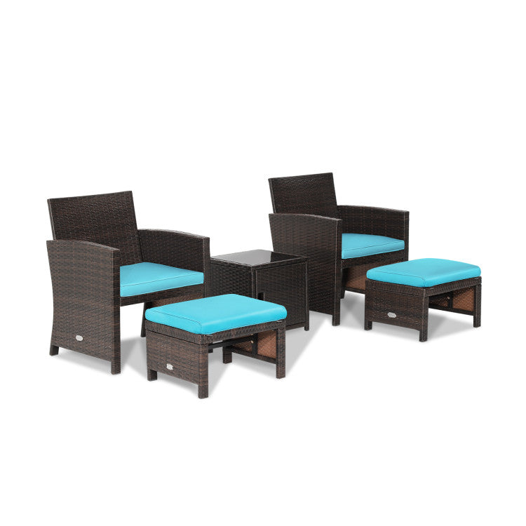 5 Pieces Patio Rattan Furniture Set with Ottoman and Tempered Glass Coffee Table