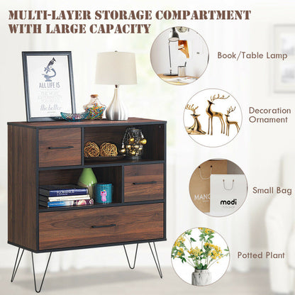 3-Tier Wood Storage Cabinet with Drawers and 4 Metal Legs