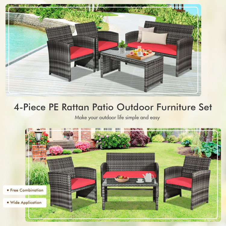 4 Pieces Patio Rattan Furniture Set with Glass Table and Loveseat