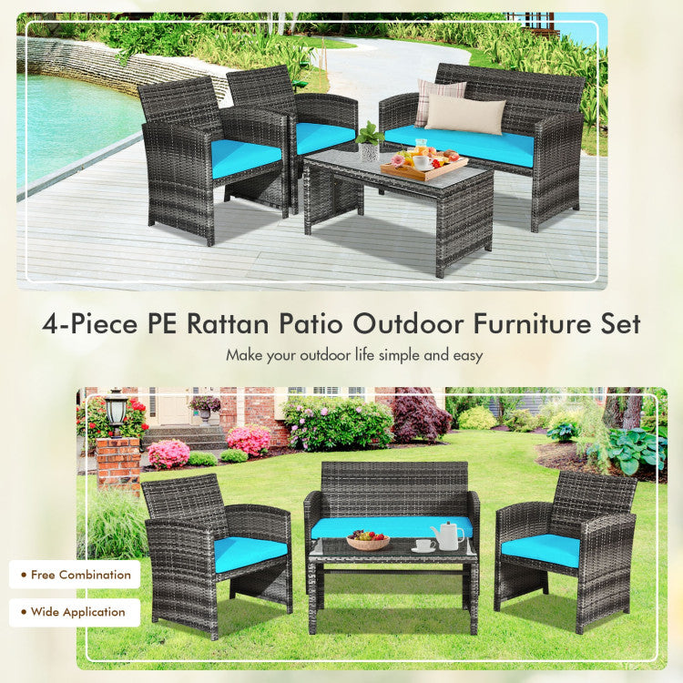 4 Pieces Patio Rattan Furniture Set with Glass Table and Loveseat