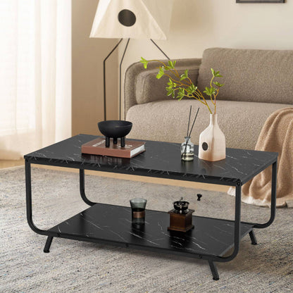 2-Tier Modern Marble Coffee Table with Storage Shelf for Living Room