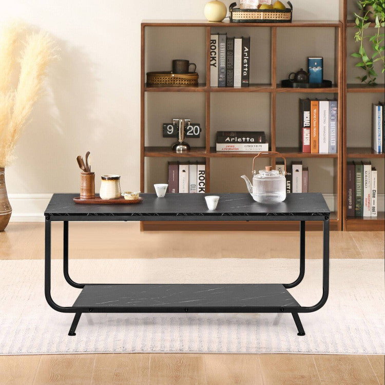 2-Tier Modern Marble Coffee Table with Storage Shelf for Living Room