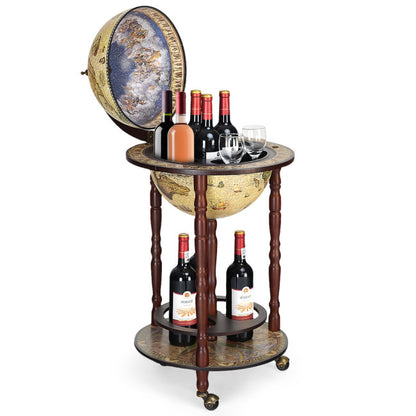 17 Inch Italian Style Design Wooden Globe Liquor Bottle Wine Rack with Wheels