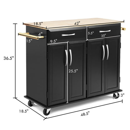 Rolling Kitchen Island Cart with Rubber Wood Top and Smooth Lockable Wheels