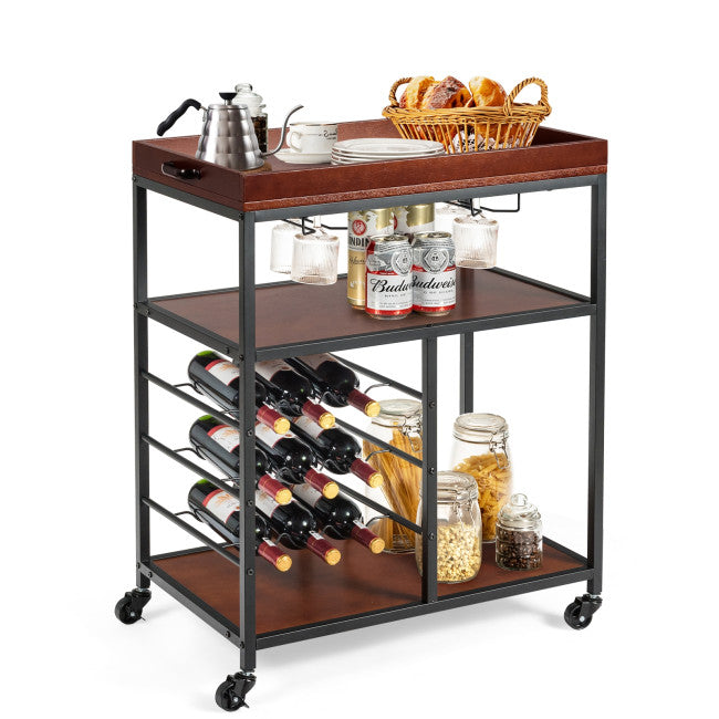 3 Tier Storage Bar Serving Cart with Wine Rack