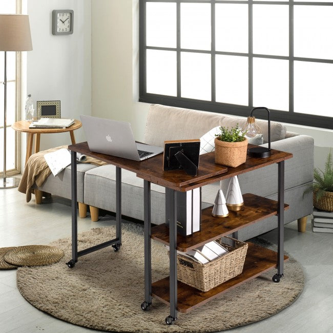 360° Rotating Sofa Side Table with Storage Shelves and Wheels