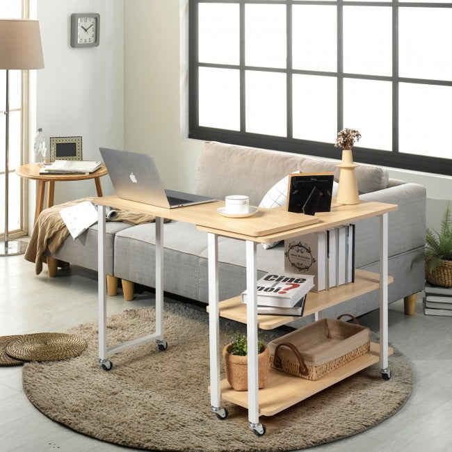 360° Rotating Sofa Side Table with Storage Shelves and Wheels