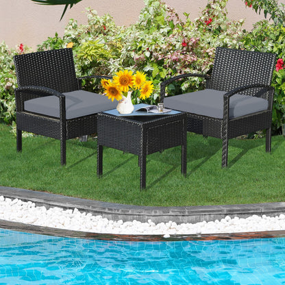 3-Piece Outdoor Rattan Patio Conversation Set with Seat Cushions