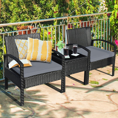 3-Piece Outdoor Rattan Patio Conversation Set with Seat Cushions