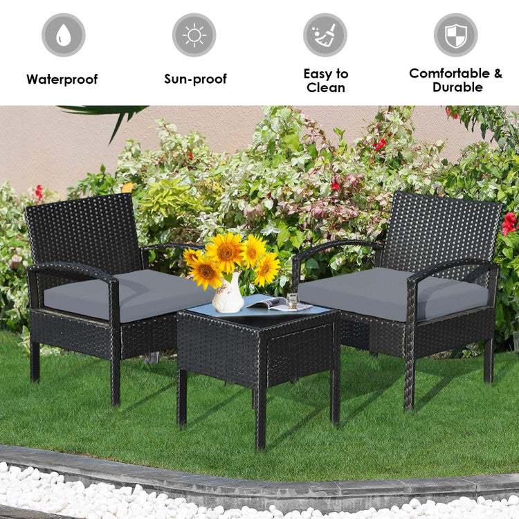 3-Piece Outdoor Rattan Patio Conversation Set with Seat Cushions