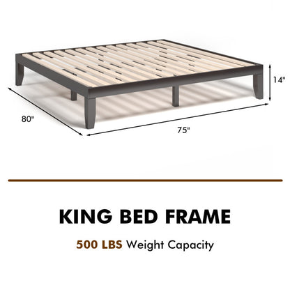 14 Inch King Size Rubber Wood Platform Bed Frame with Wood Slat Support