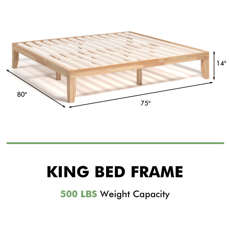 14 Inch King Size Rubber Wood Platform Bed Frame with Wood Slat Support