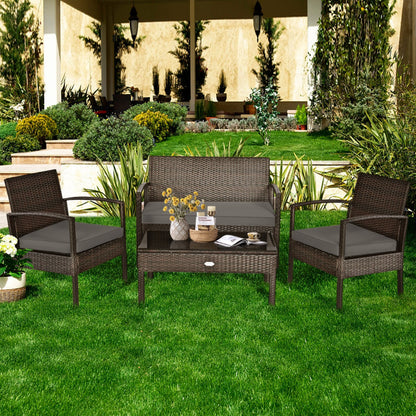 4 Pieces Patio Rattan Cushioned Furniture Set with Loveseat and Table