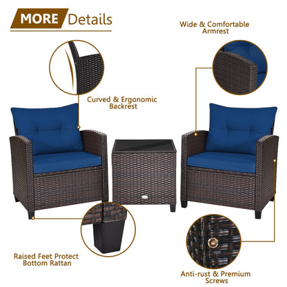 3-Piece Rattan Patio Furniture Set with Washable Cushion