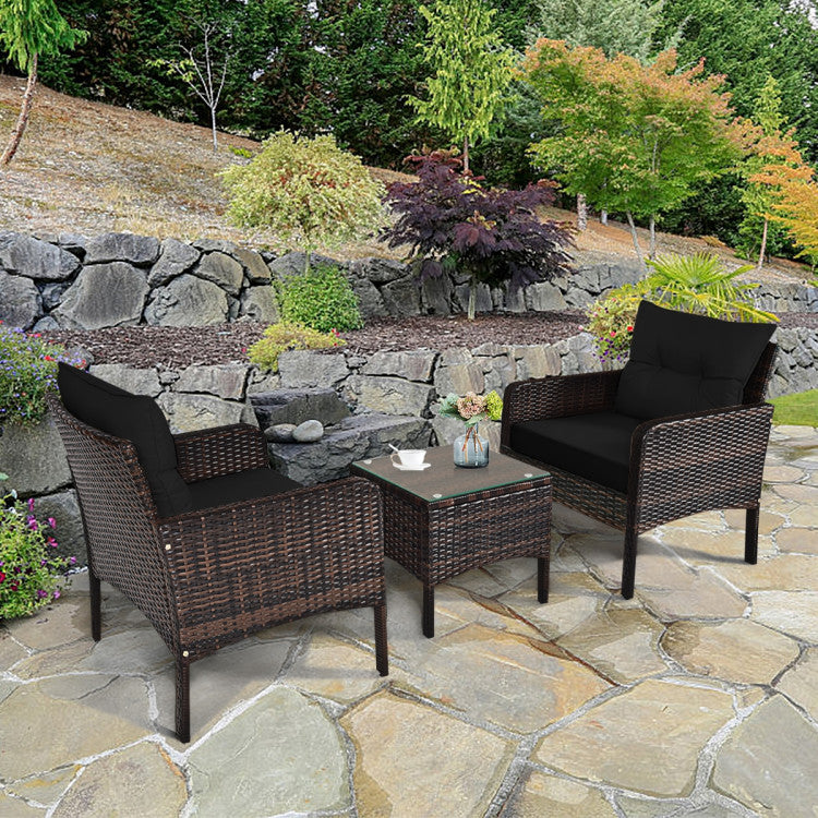 3-Piece Outdoor Patio Rattan Conversation Set with Seat Cushions