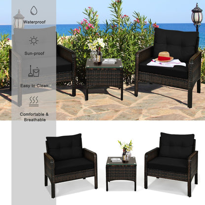 3-Piece Outdoor Patio Rattan Conversation Set with Seat Cushions