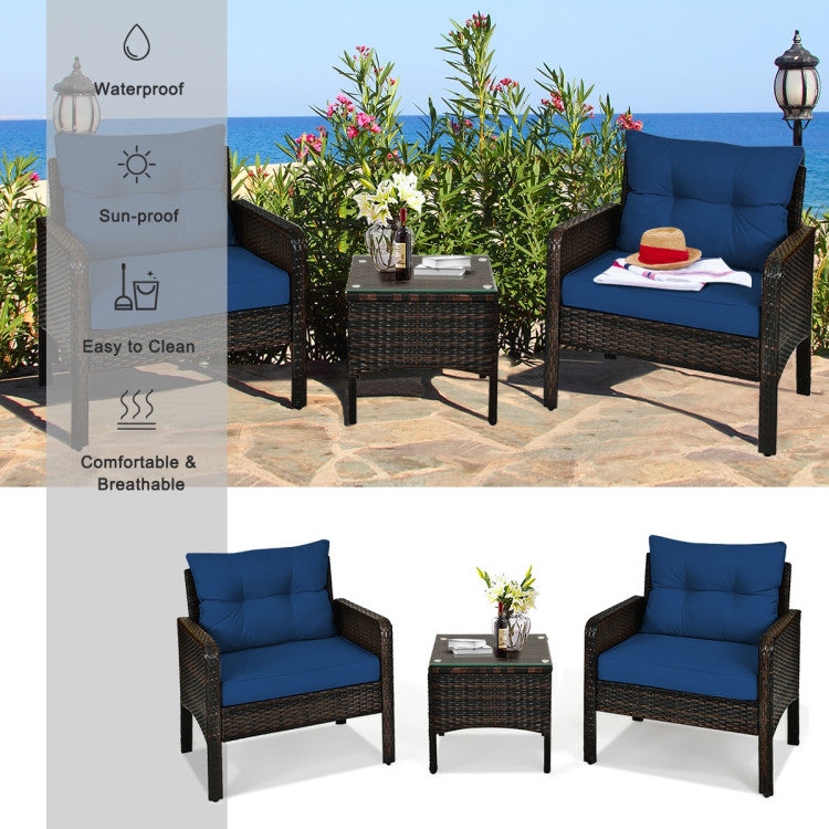 3-Piece Outdoor Patio Rattan Conversation Set with Seat Cushions