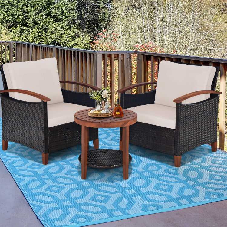 3-Piece Patio Rattan Furniture Set with Washable Cushion and Acacia Wood Tabletop