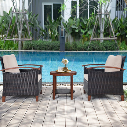 3-Piece Patio Rattan Furniture Set with Washable Cushion and Acacia Wood Tabletop