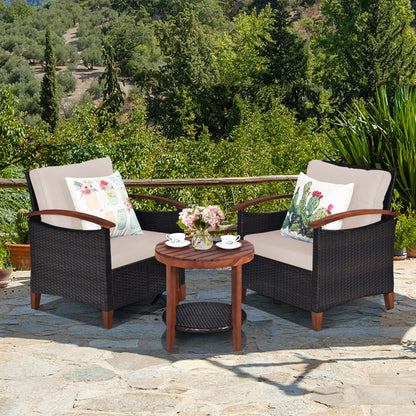 3-Piece Patio Rattan Furniture Set with Washable Cushion and Acacia Wood Tabletop