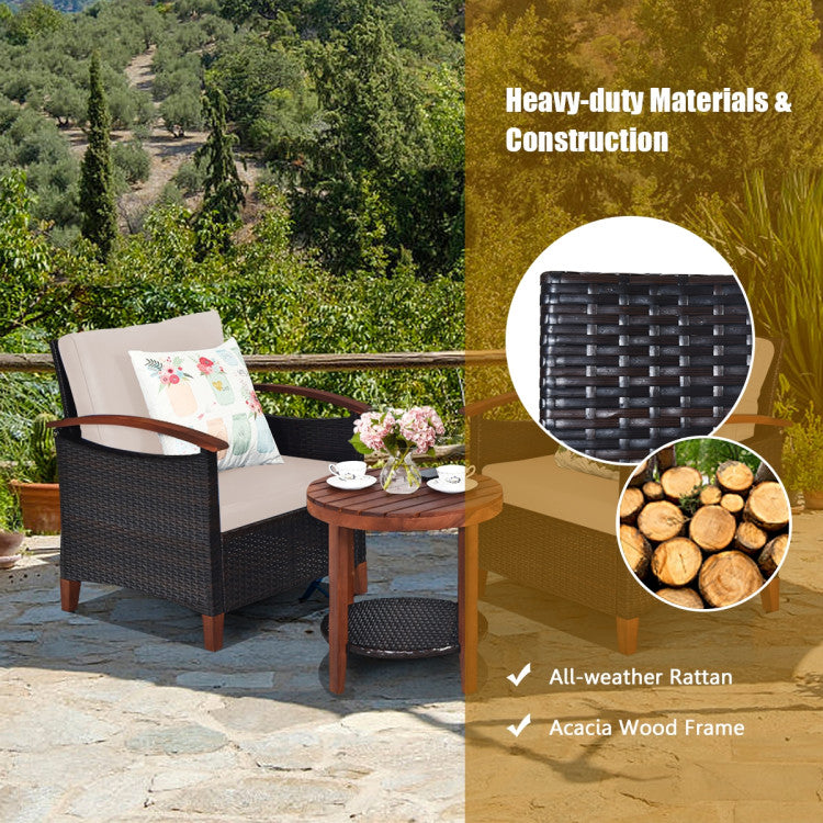 3-Piece Patio Rattan Furniture Set with Washable Cushion and Acacia Wood Tabletop