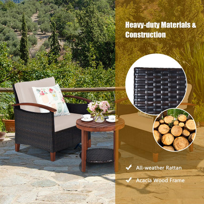 3-Piece Patio Rattan Furniture Set with Washable Cushion and Acacia Wood Tabletop