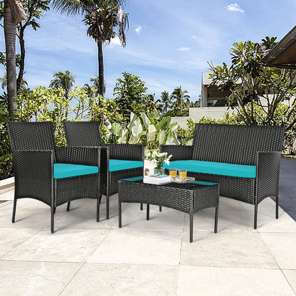 4-Piece Patio Rattan Cushioned Sofa Set with Tempered Glass Coffee Table