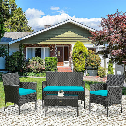 4-Piece Patio Rattan Cushioned Sofa Set with Tempered Glass Coffee Table