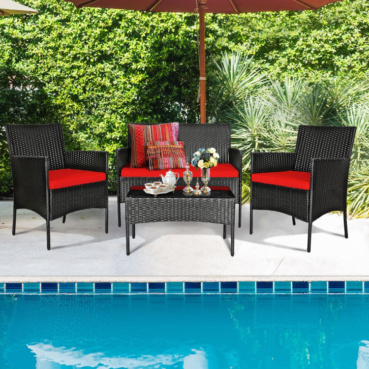 4-Piece Patio Rattan Cushioned Sofa Set with Tempered Glass Coffee Table