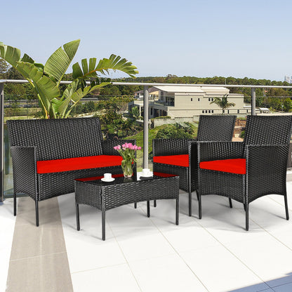 4-Piece Patio Rattan Cushioned Sofa Set with Tempered Glass Coffee Table