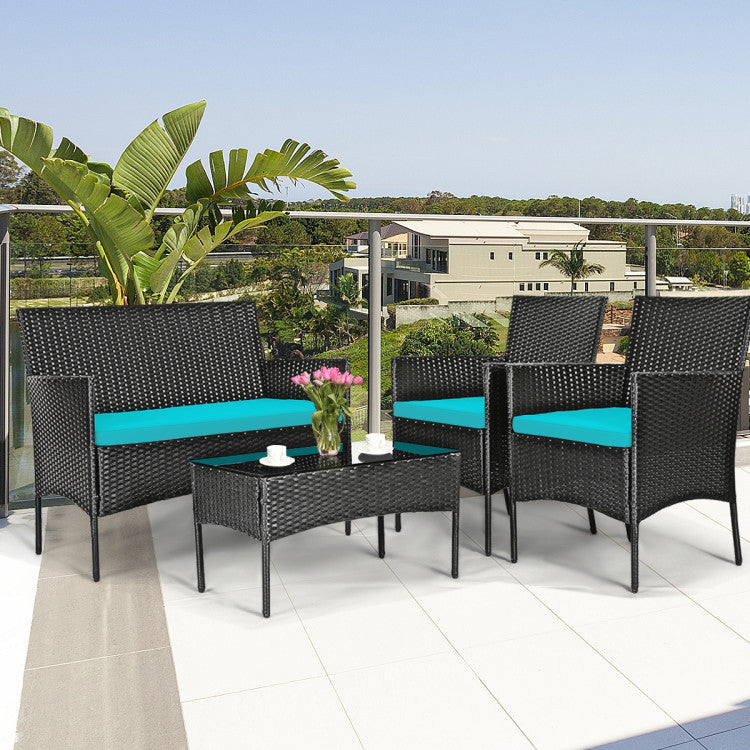 4-Piece Patio Rattan Cushioned Sofa Set with Tempered Glass Coffee Table