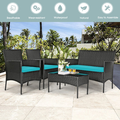 4-Piece Patio Rattan Cushioned Sofa Set with Tempered Glass Coffee Table