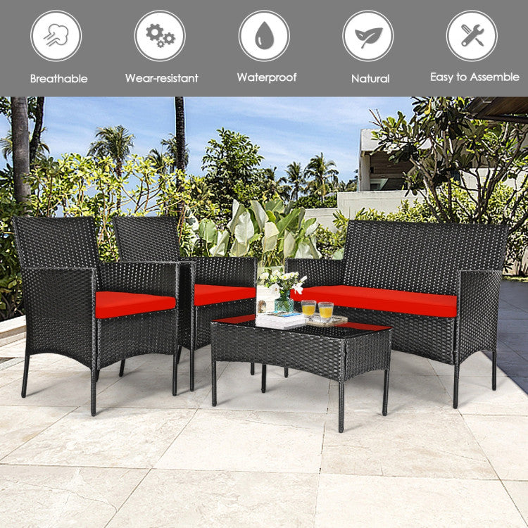 4-Piece Patio Rattan Cushioned Sofa Set with Tempered Glass Coffee Table