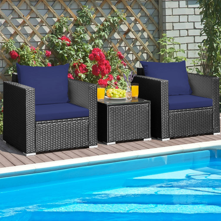 3-Piece Patio Wicker Furniture Set with Cushion