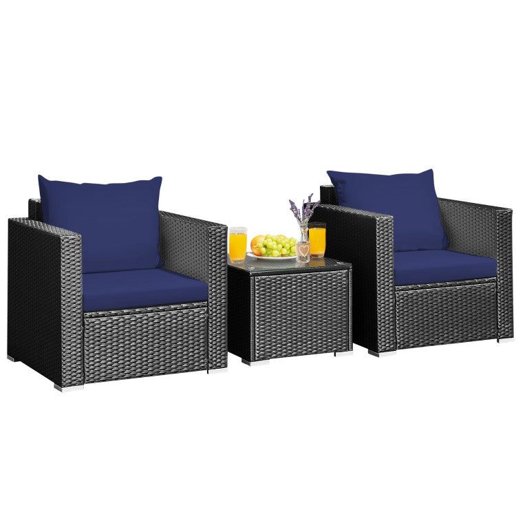 3-Piece Patio Wicker Furniture Set with Cushion