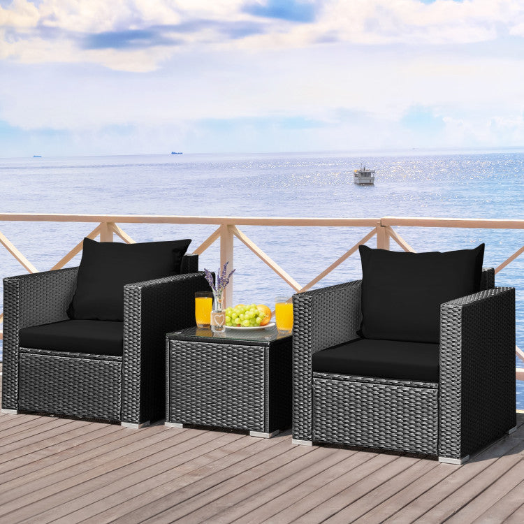 3-Piece Patio Wicker Furniture Set with Cushion