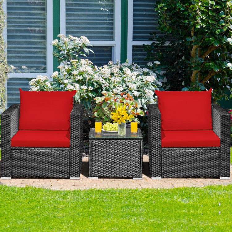 3-Piece Patio Wicker Furniture Set with Cushion