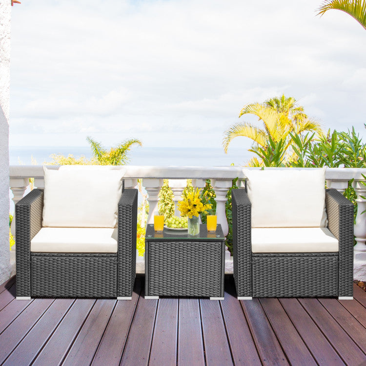 3-Piece Patio Wicker Furniture Set with Cushion