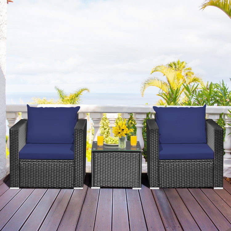 3-Piece Patio Wicker Furniture Set with Cushion