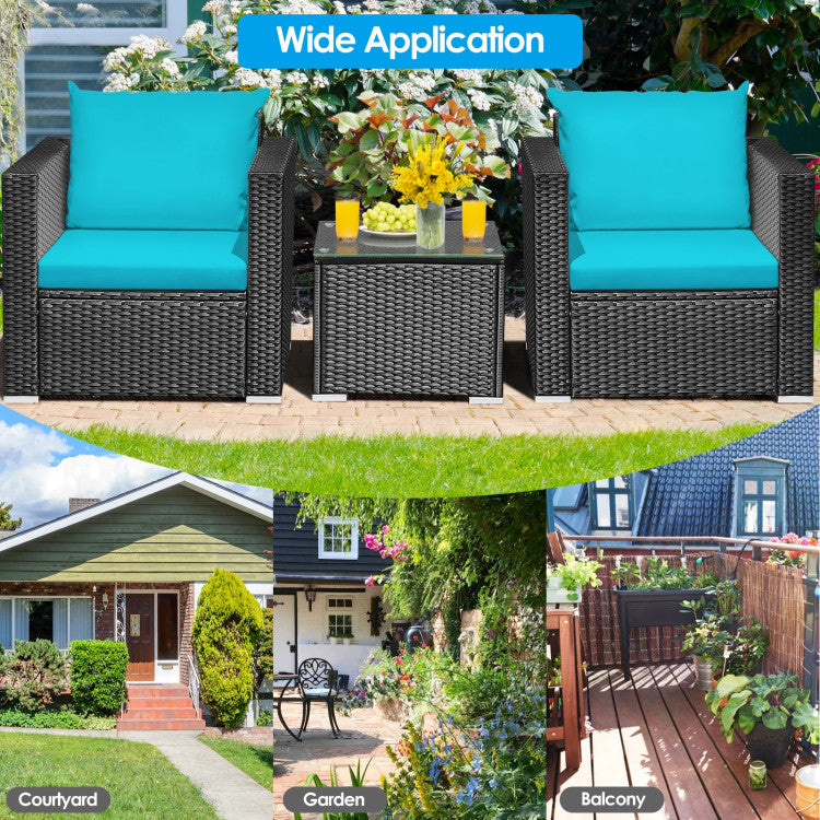 3-Piece Patio Wicker Furniture Set with Cushion