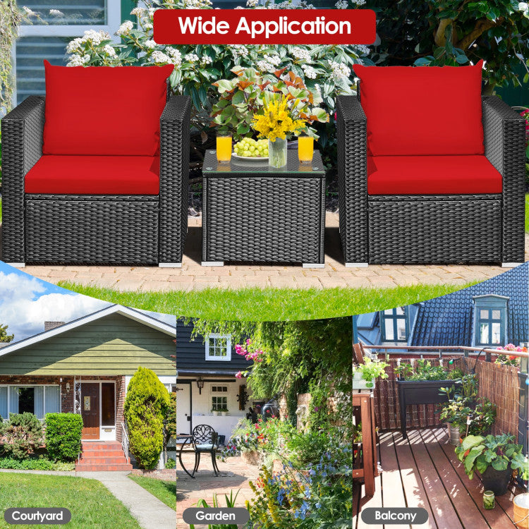 3-Piece Patio Wicker Furniture Set with Cushion