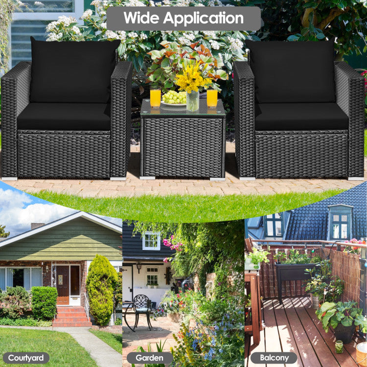 3-Piece Patio Wicker Furniture Set with Cushion