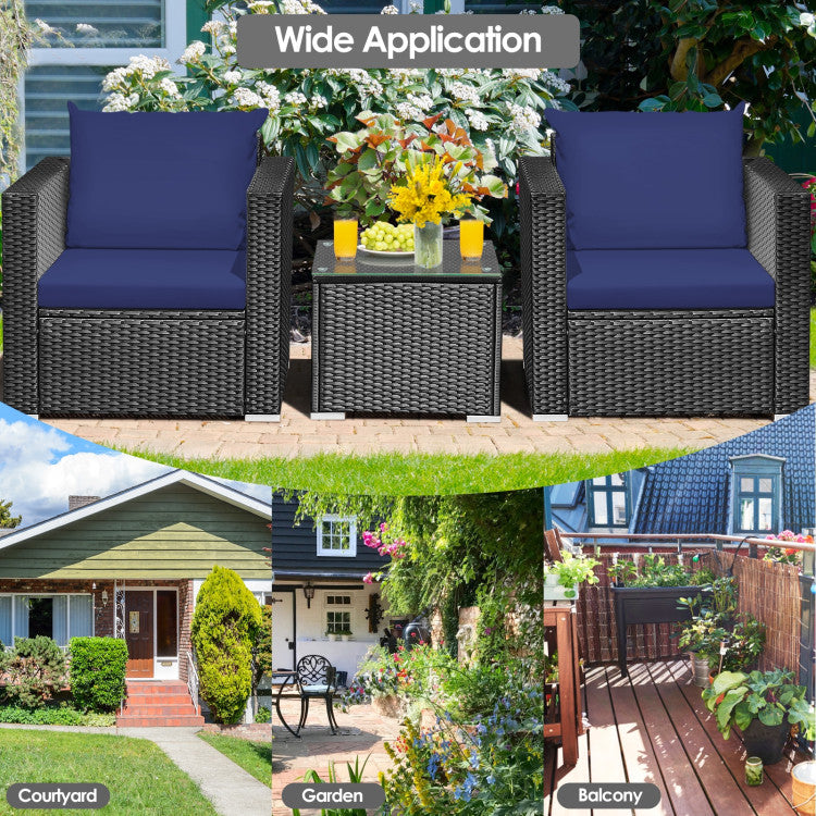 3-Piece Patio Wicker Furniture Set with Cushion