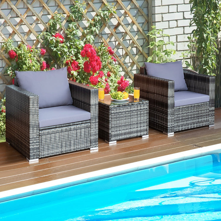 3-Piece Patio Rattan Furniture Bistro Sofa Set with Cushioned