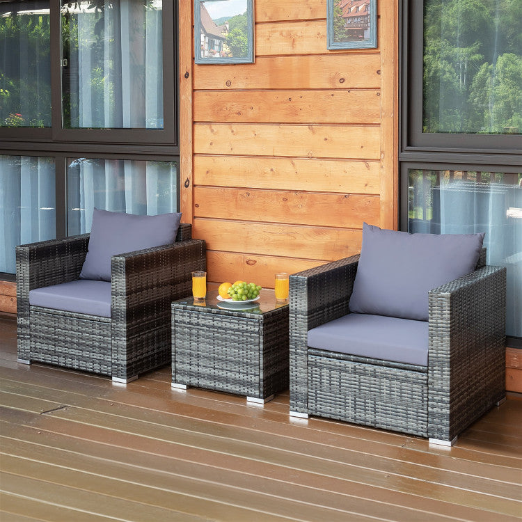 3-Piece Patio Rattan Furniture Bistro Sofa Set with Cushioned